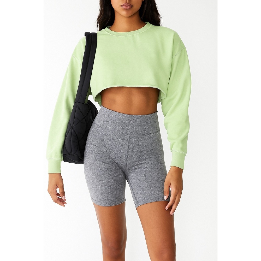 Aritzia TNA‎ Cozy AF Fleece Cropped Raw Hem Pullover Sweatshirt Green Size 2 XS